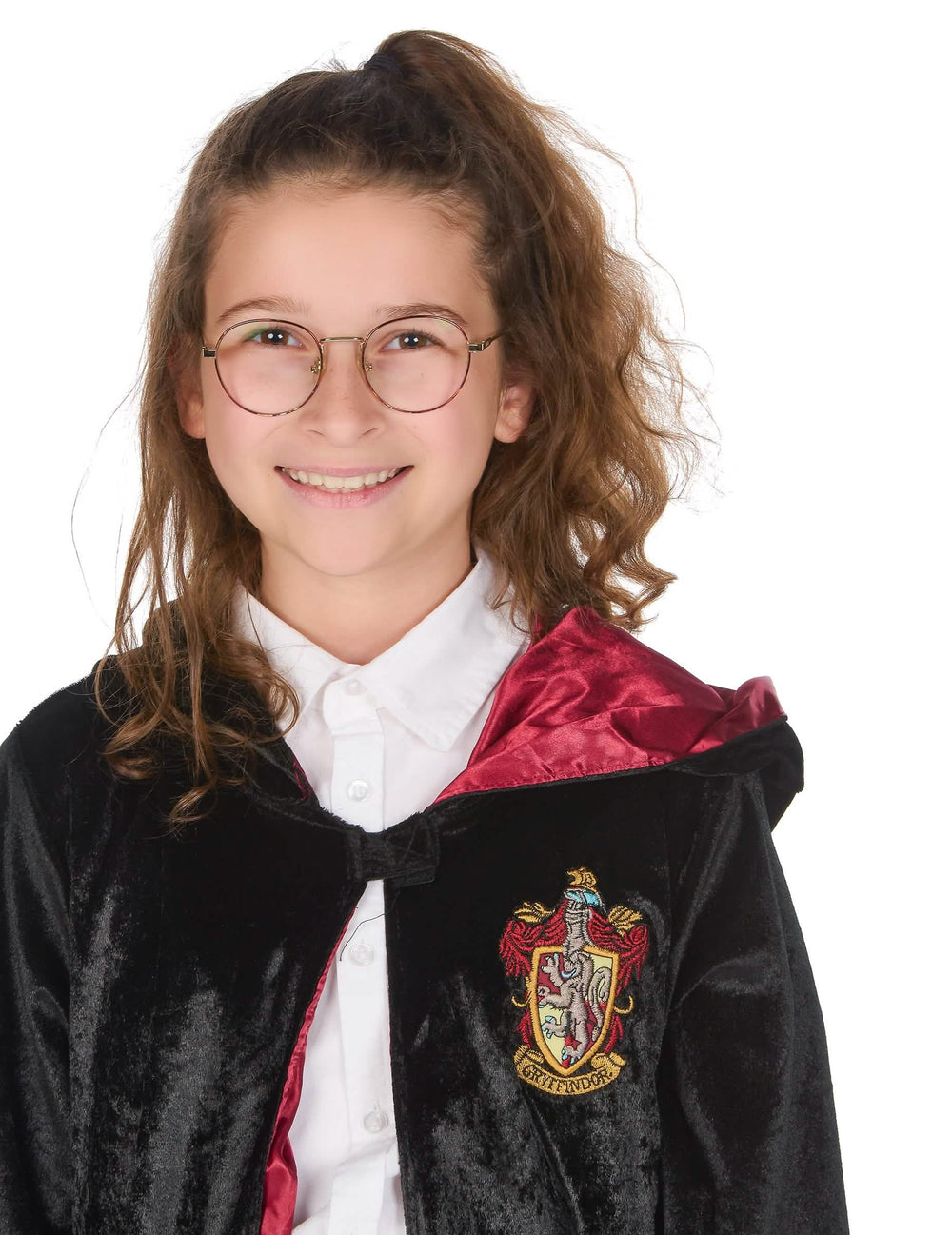 Detail na erb a brýle luxusního kostýmu šatů Harry Potter