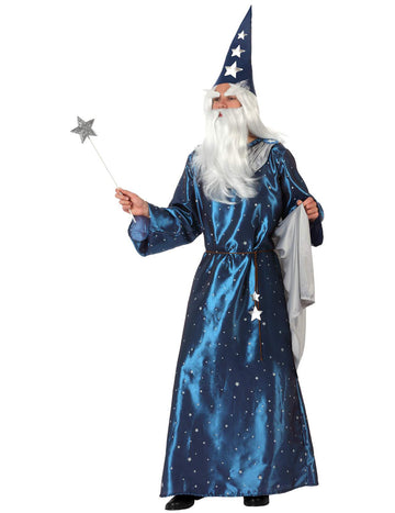 Déguisement de magicien pour homme bleu avec étoiles argentées et chapeau pointu