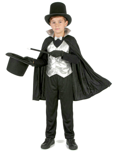 Déguisement de magicien pour garçon noir et argent avec cape et chapeau