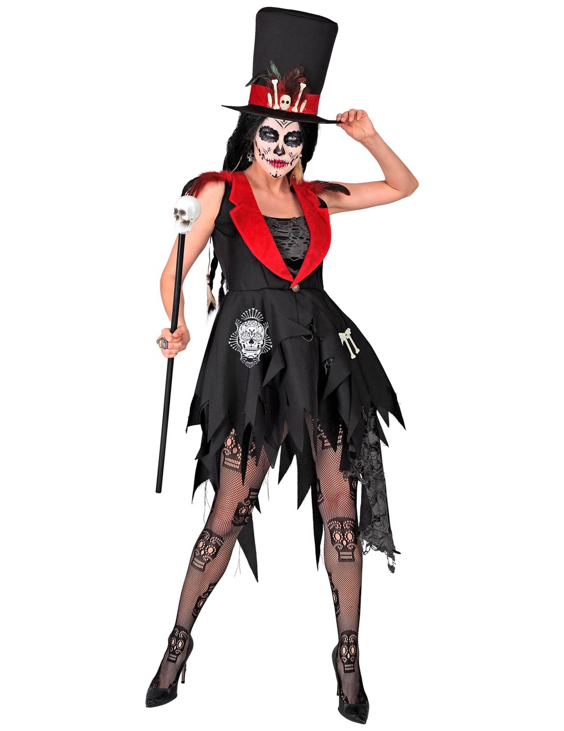 Déguisement de maitresse vaudou pour femme noir et rouge avec haut-de-forme