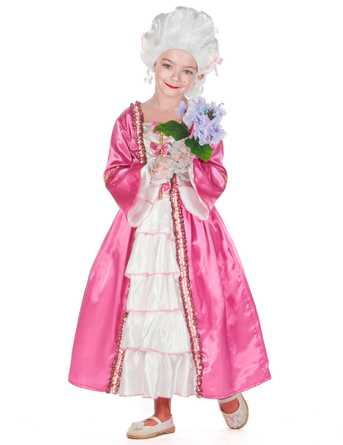 Vue de face avec bouquet de fleurs du déguisement de Marie-Antoinette pour enfant