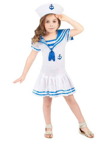 Námořnický kostým s kotvou pro dívku bílý a modrý s kloboukem