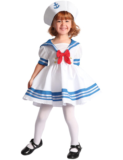 Déguisement de marin pour fille blanc et bleu avec noeud rouge et chapeau