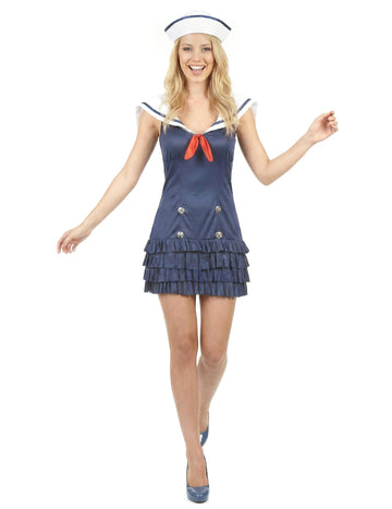 Déguisement marin sexy col V pour femme bleu marine avec chapeau