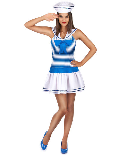 Déguisement uniforme marin sexy pour femme bleu et blanc avec chapeau