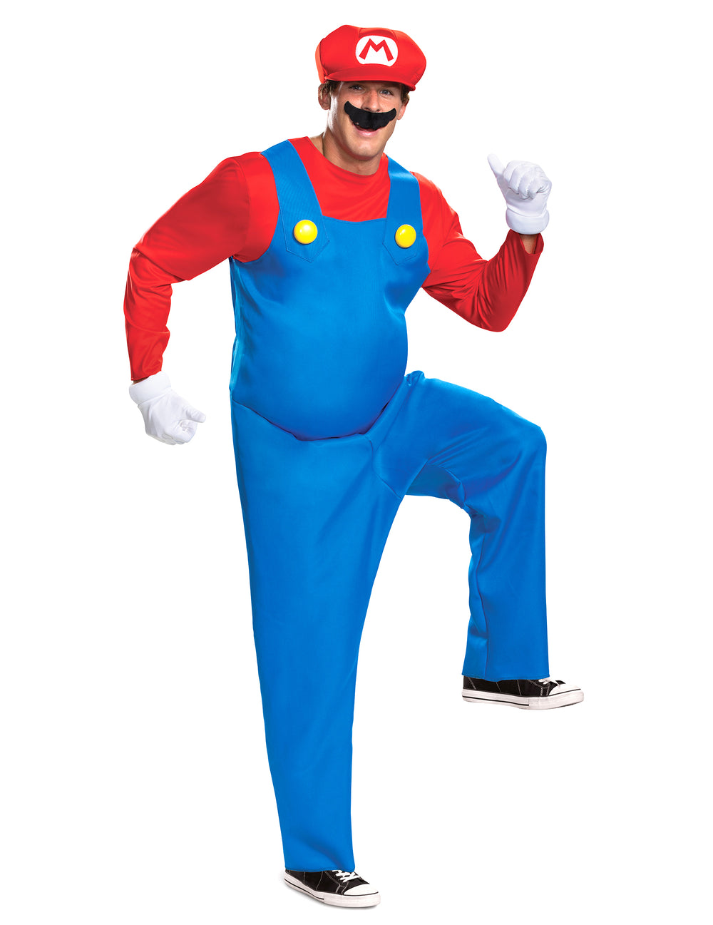 Vue d'ensemble en pose dynamique du déguisement de Mario pour adulte