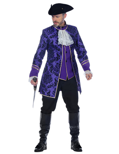 Déguisement de marquis baroque pour homme violet luxe avec jabot et chapeau