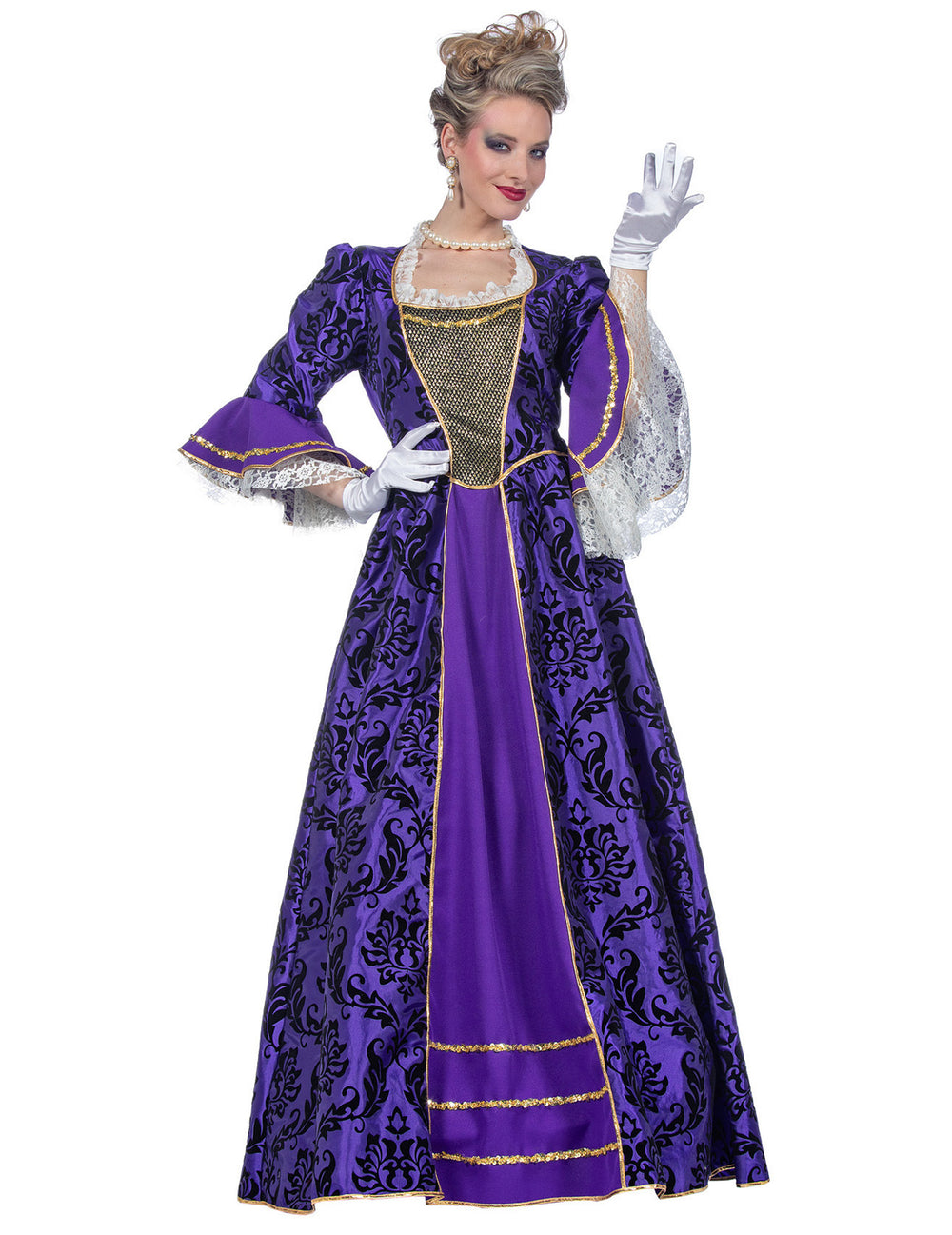 Déguisement de marquise baroque pour femme violette de luxe avec dentelle et dorures