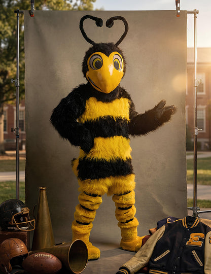 Mise en situation du déguisement mascotte abeille pour adulte