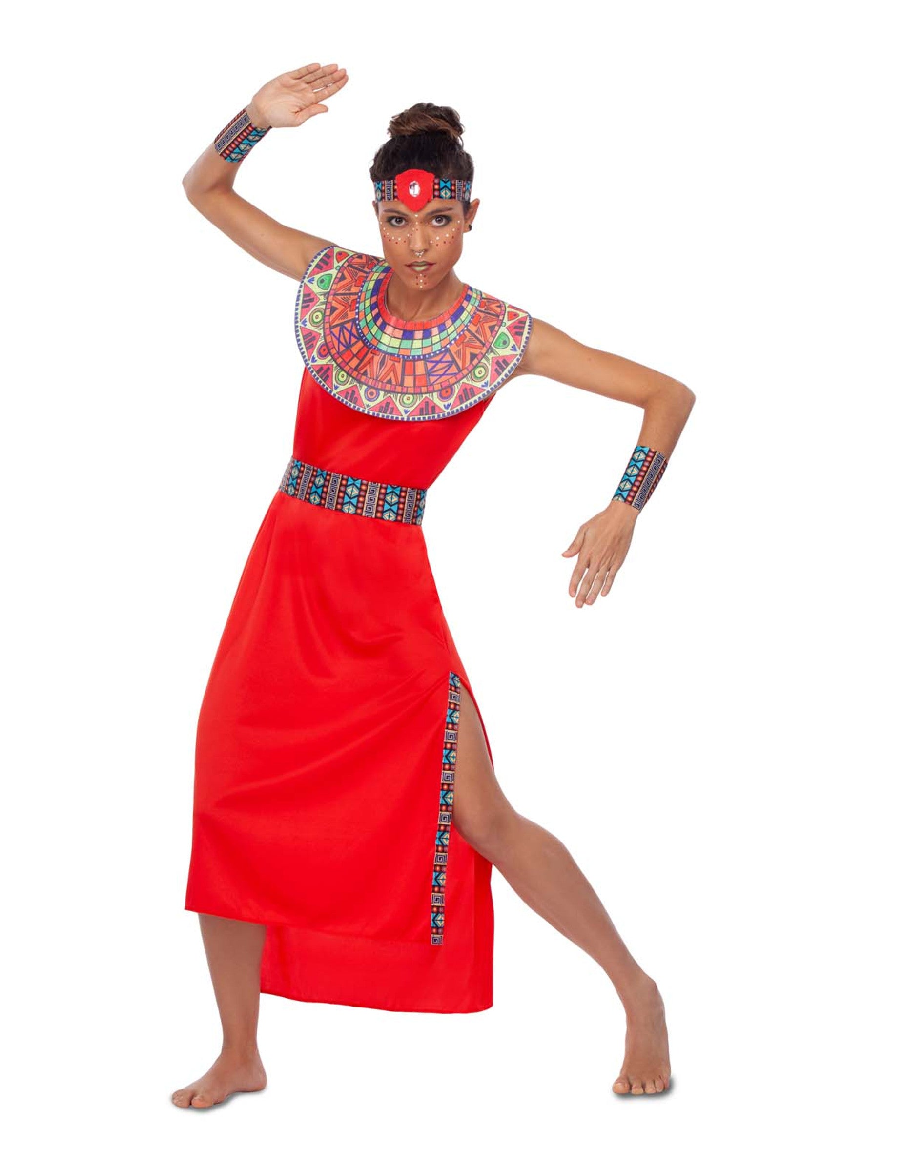 Déguisement Massaï pour femme rouge avec motifs géométriques colorés