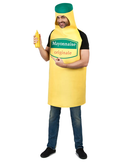 Déguisement de mayonnaise pour adulte jaune avec logo vert et orange