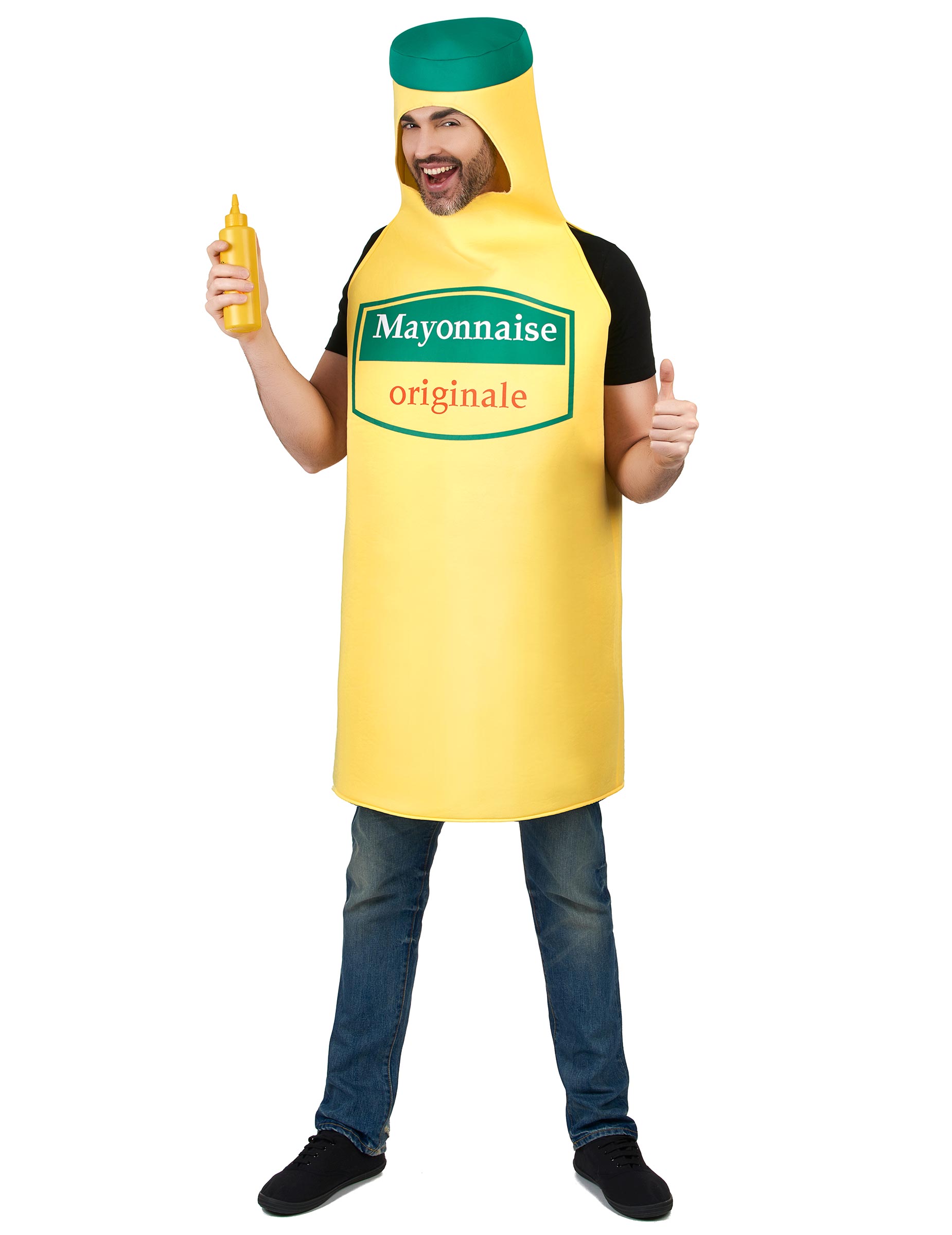 Mise en situation avec accessoire du déguisement de mayonnaise