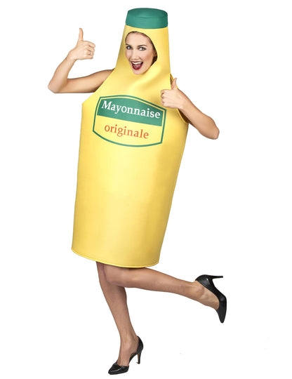 Vue d'ensemble avec les pouces levés du déguisement de mayonnaise pour adulte