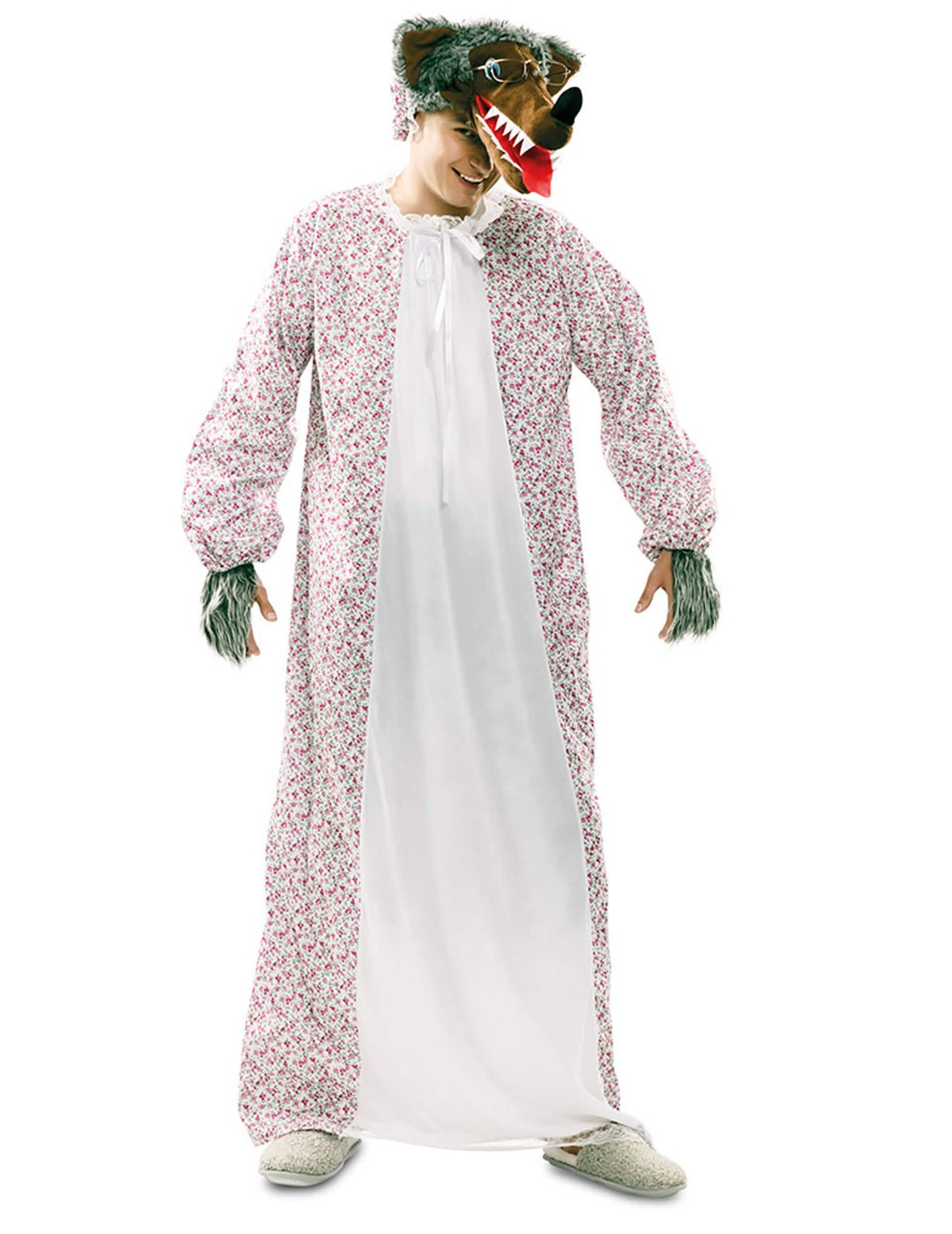 Kostým zlá vlčí babička pro dospělého s růžovými květy, s bílou zástěrou a maskou vlka