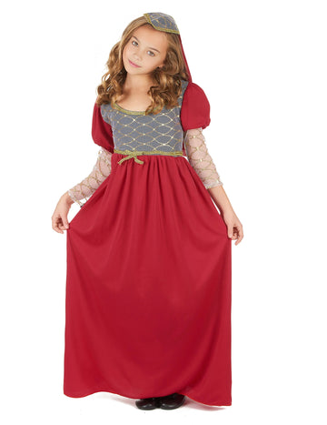 Déguisement médiéval pour fille rouge et gris avec coiffe