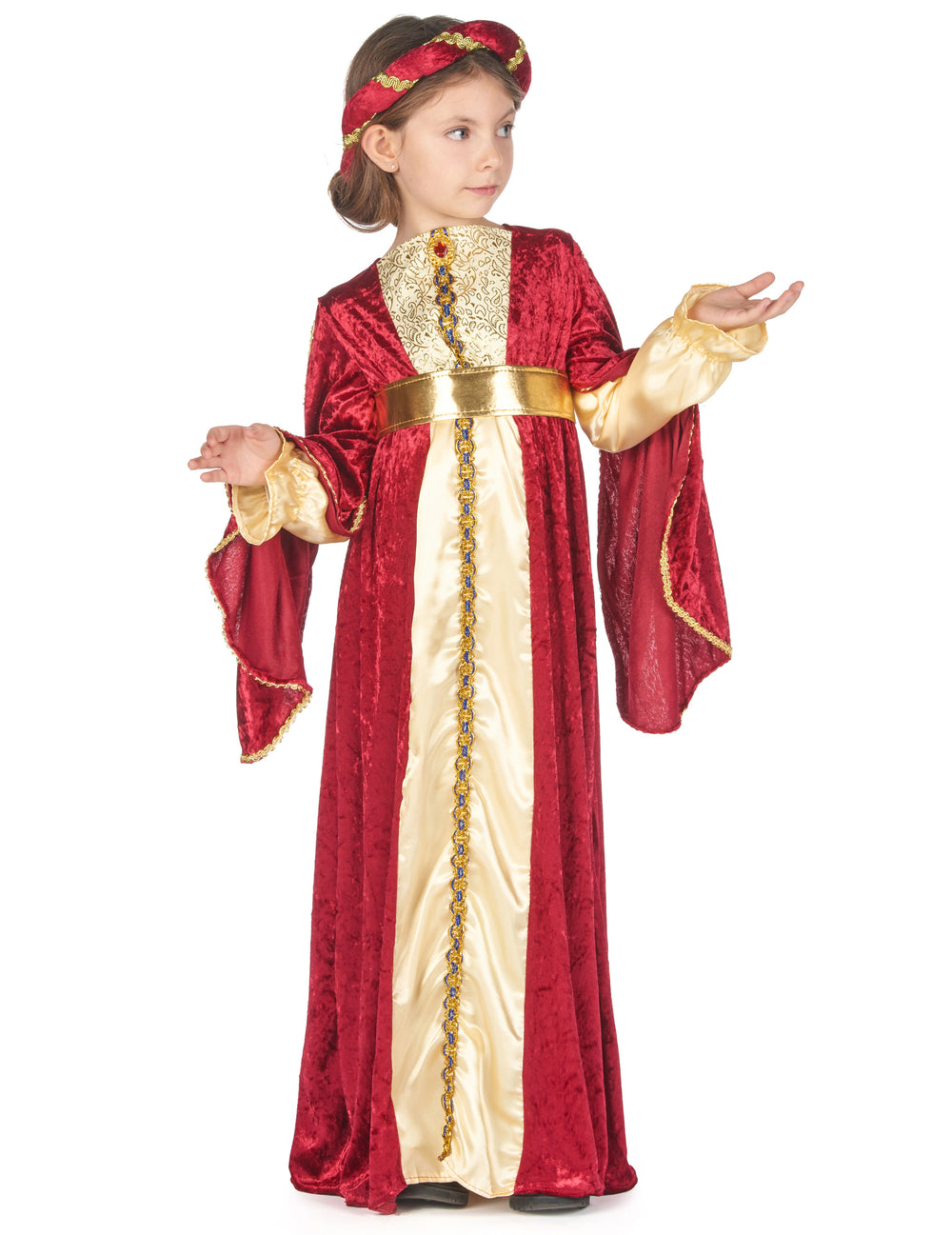 Vue de trois-quart du déguisement de reine médiévale pour fille