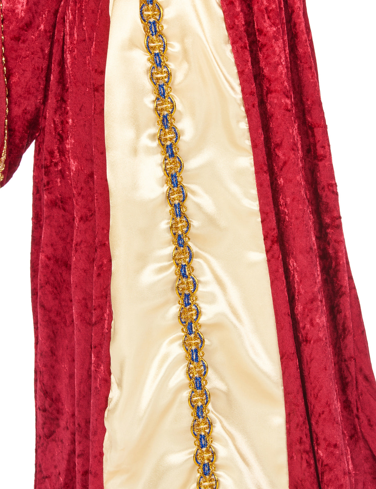 Détail du tissu en velours et du galon doré du déguisement de reine médiévale