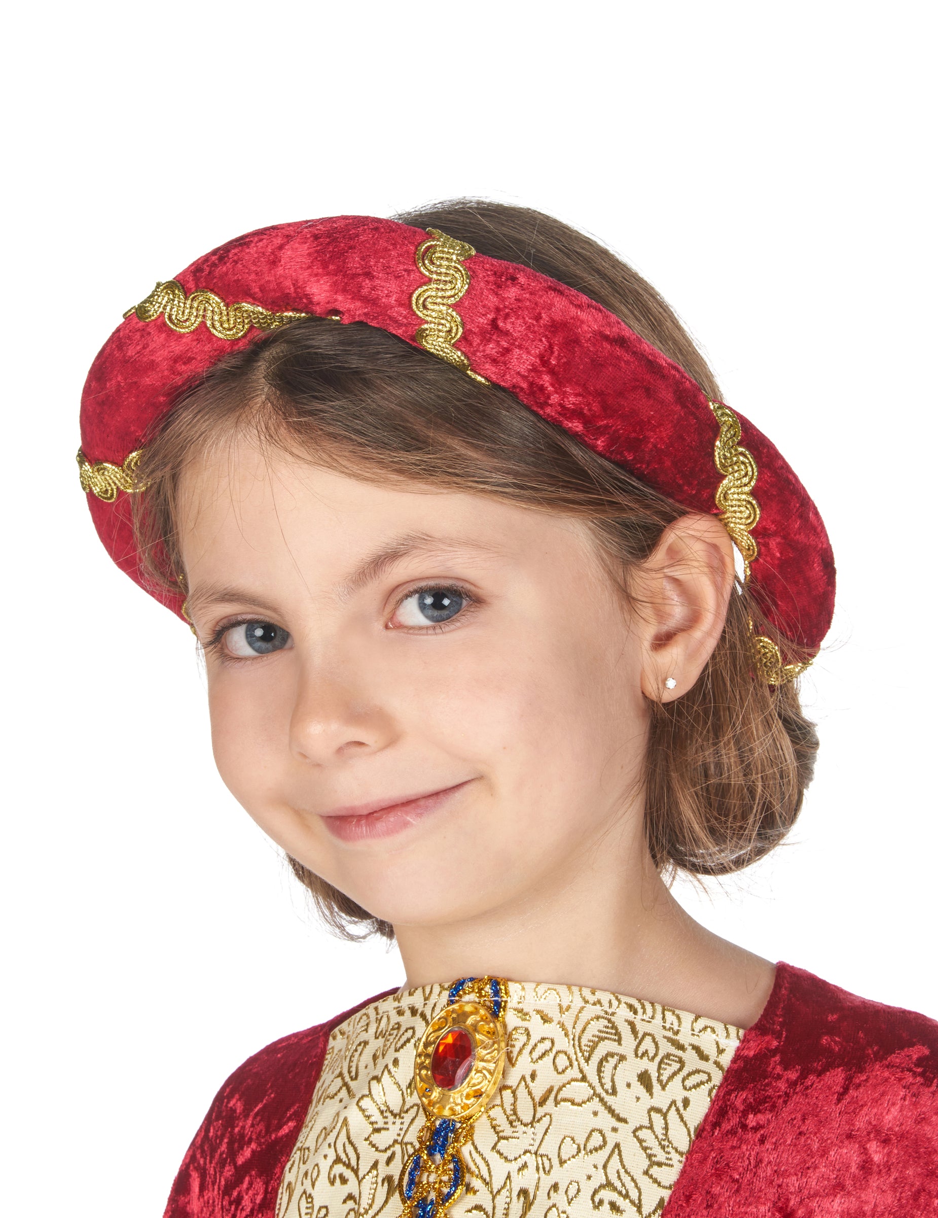 Gros plan sur la coiffe du déguisement de reine médiévale pour fille