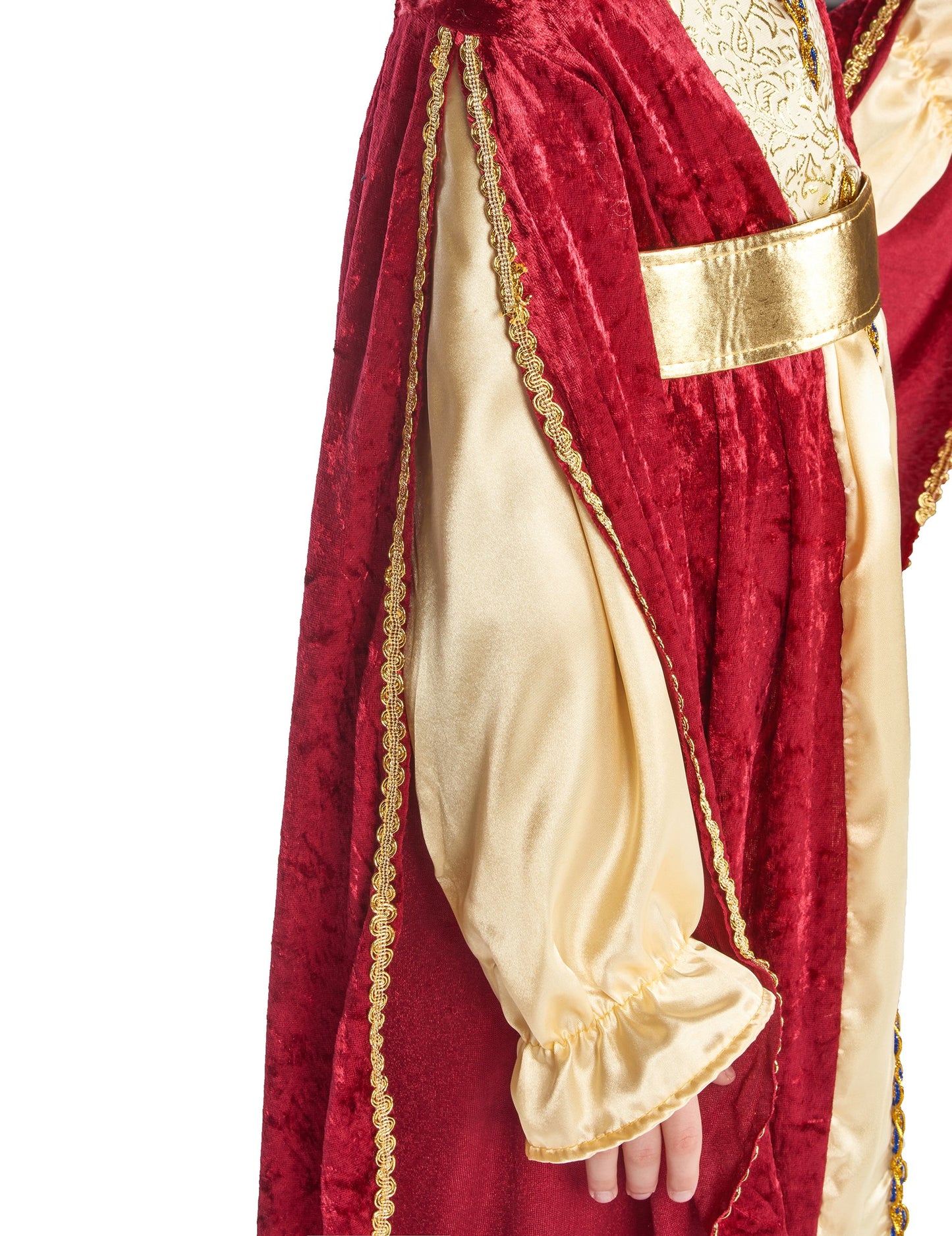 Profilový pohled na rukáv a zlatý pásek dětského kostýmu středověké královny