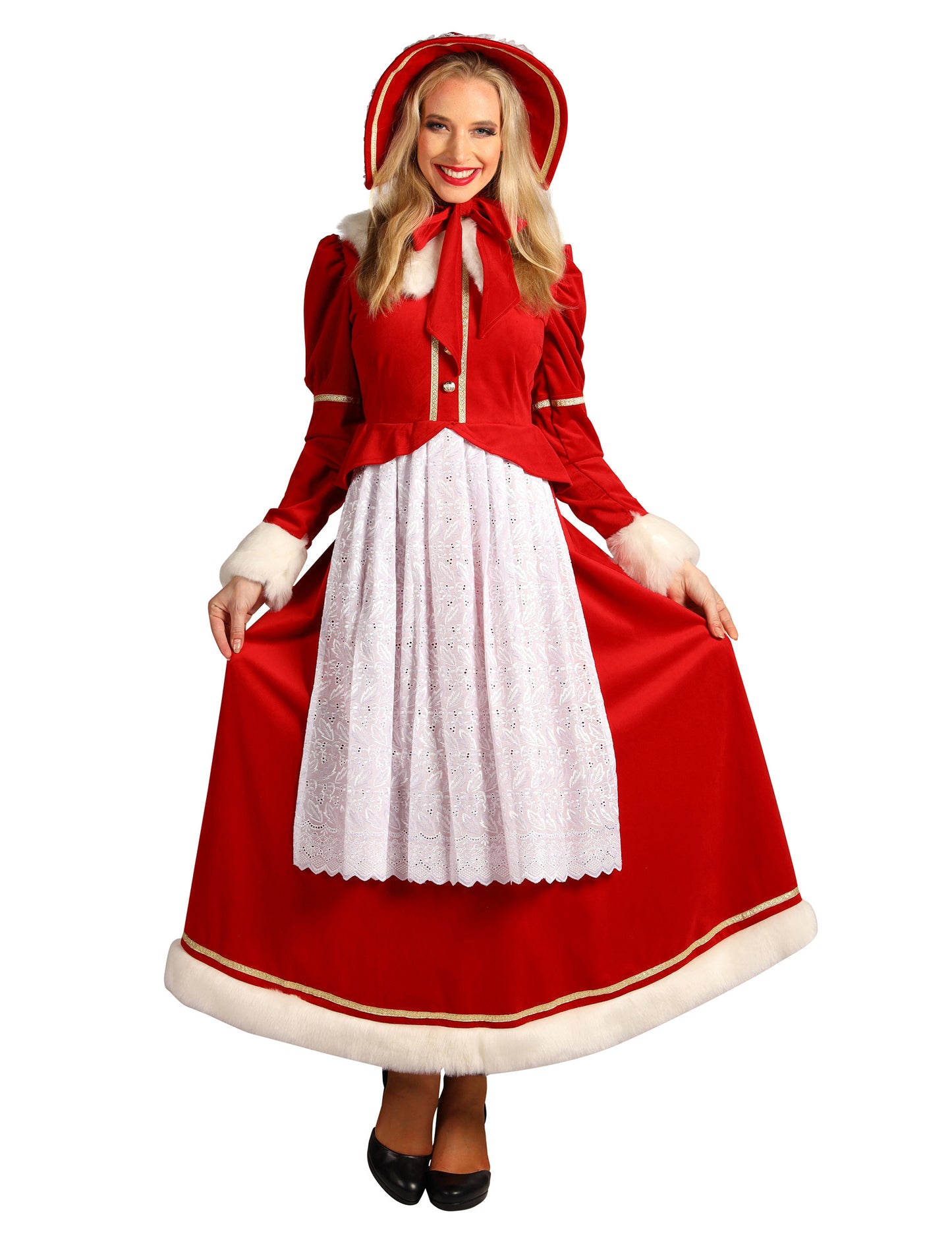 Tradiční dámský kostým paní Clausové se zástěrou