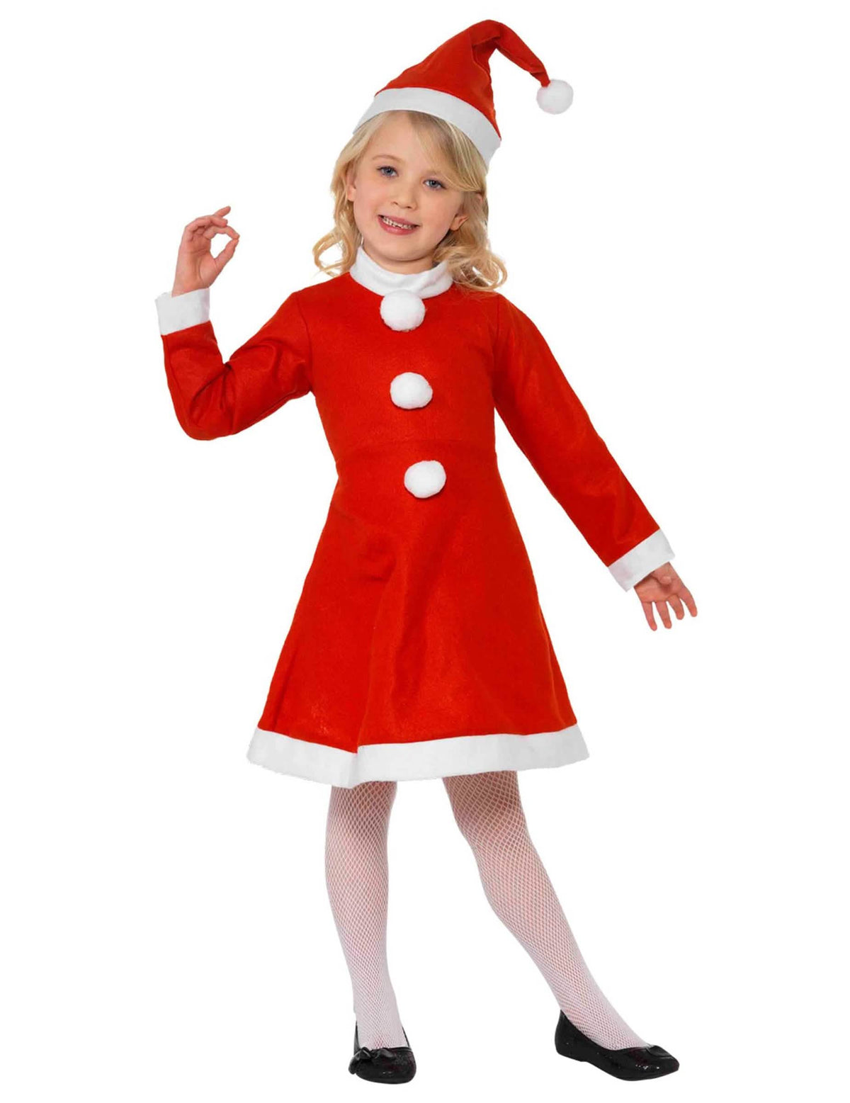 Pohled zepředu na kostým santa clausová šaty pompony dívka