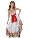 Déguisement de mexicaine pour fille blanc avec volants multicolores et ceinture rouge