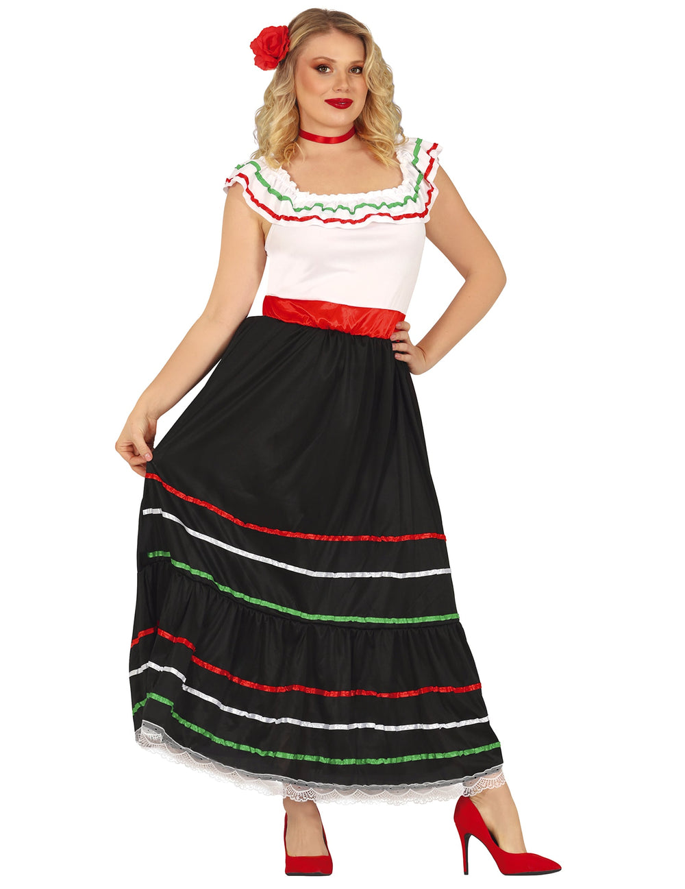 Déguisement mexicaine longue pour femme noir et blanc avec rubans colorés
