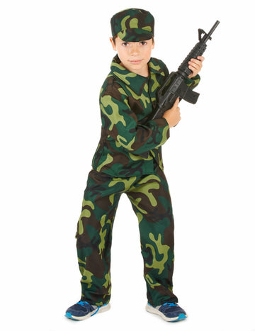 Déguisement militaire camouflage pour garçon vert et marron avec casquette