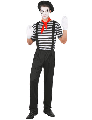 Déguisement de mime pour homme rayé noir et blanc avec bretelles et foulard rouge