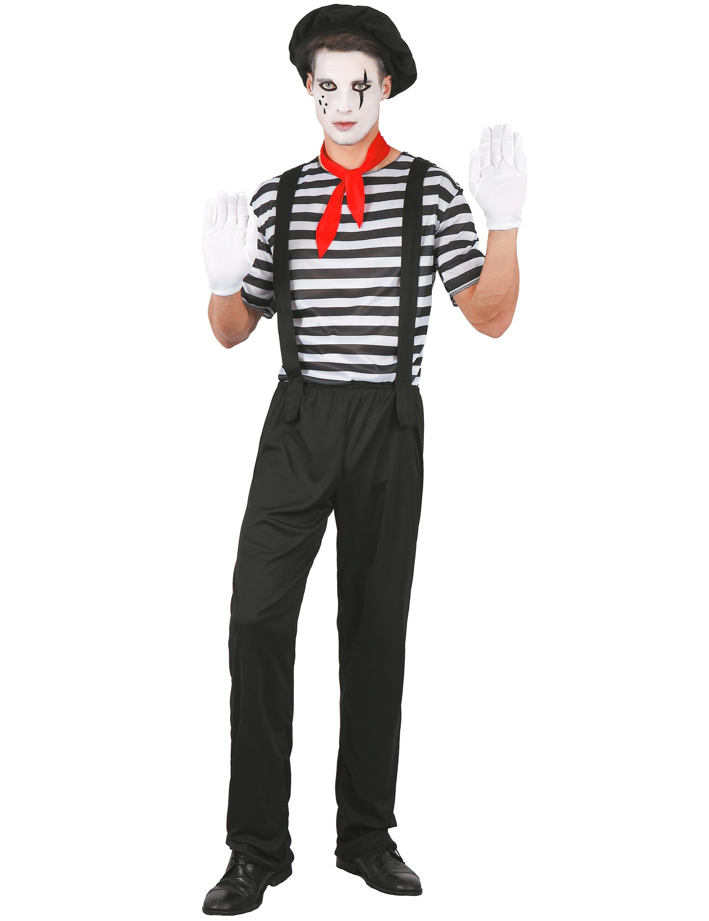 Déguisement de mime pour homme rayé noir et blanc avec bretelles et foulard rouge