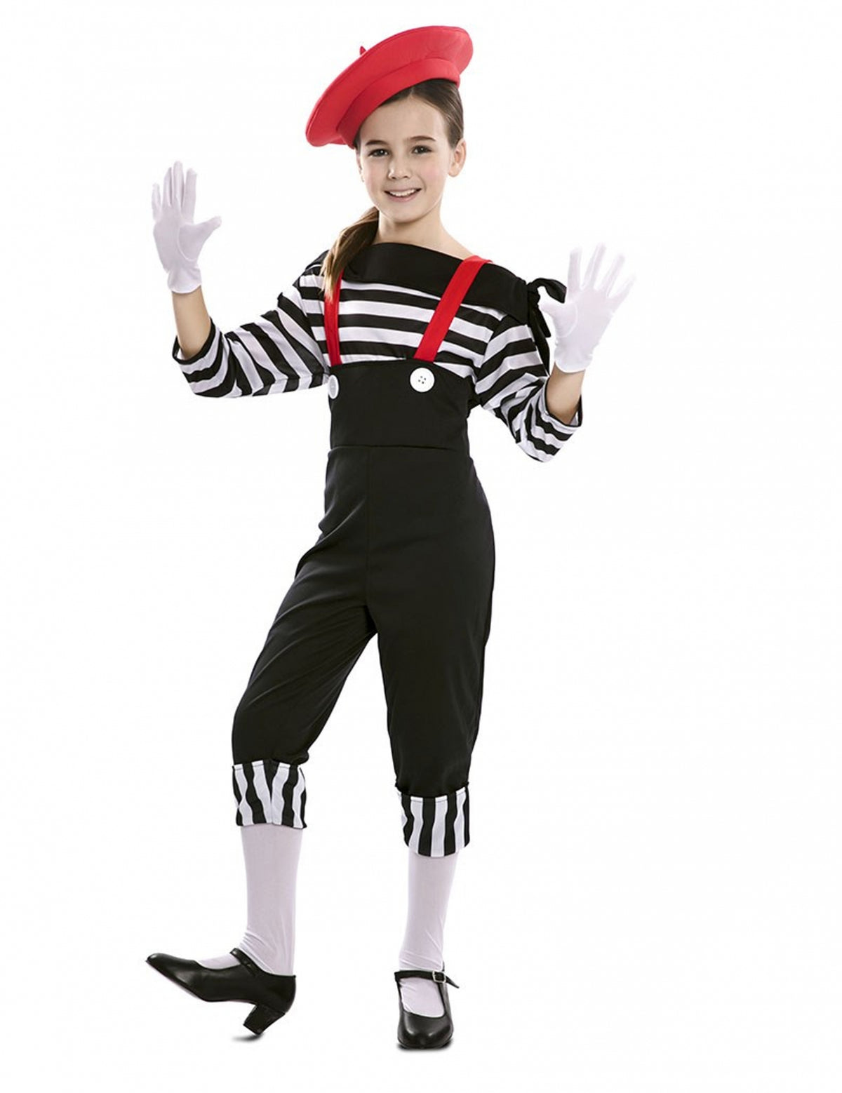 Vue de face du déguisement de mime avec pantalon pour fille