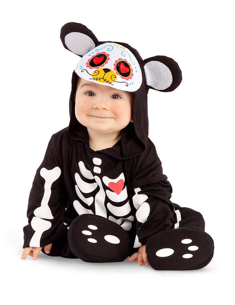 Mini kostým medvědi Dia de los muertos pro miminko černá s motivy kostry a srdce