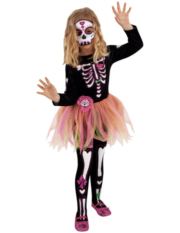 Dívčí kostým slečny Dia de los Muertos s maskou a punčocháčmi
