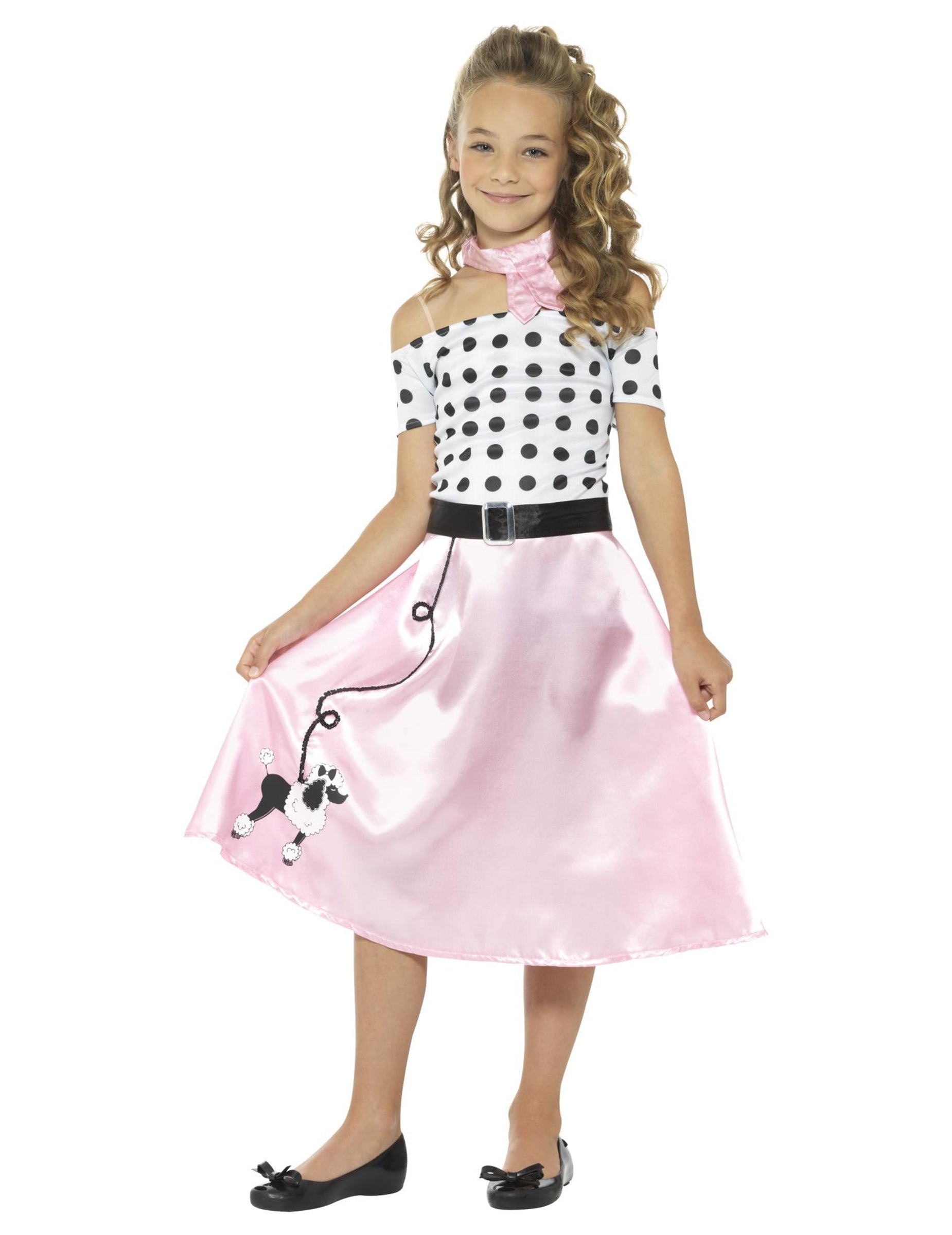 Déguisement miss girly années 50 pour fille rose et blanc à pois avec motif caniche