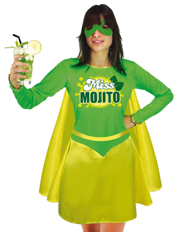 Déguisement Miss Mojito pour femme vert et jaune avec cape et masque