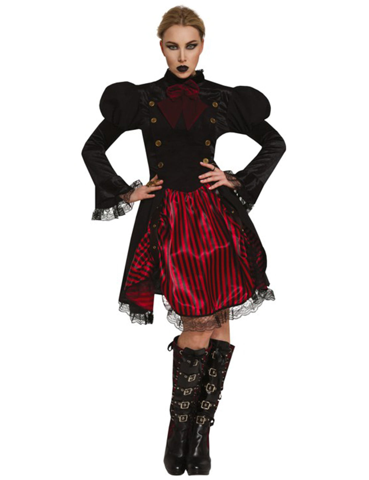Déguisement Miss Steampunk pour femme noir et rouge à rayures avec dentelle