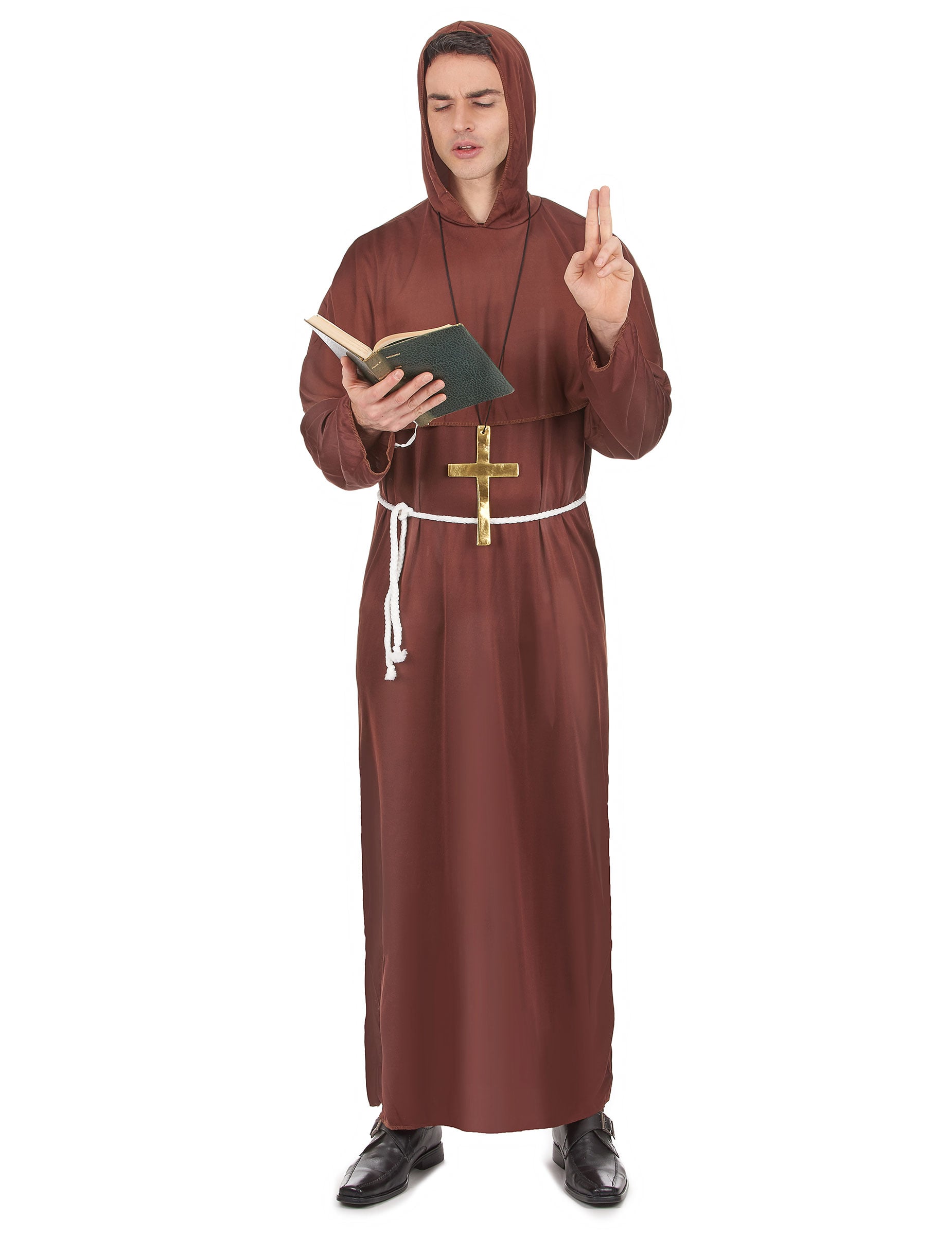 Déguisement de moine pour homme tunique marron et cordon blanc