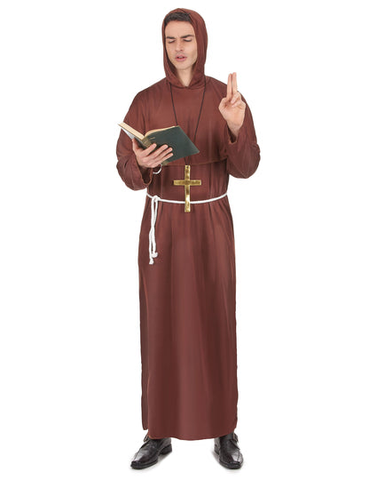 Déguisement de moine pour homme tunique marron et cordon blanc