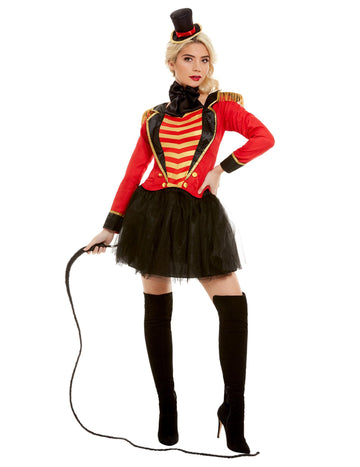 Frauen-Zirkusdirektor-Dekorationskostüm in Rot und Schwarz mit Mini-Zylinder