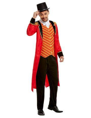 Clown-Direktor-Kostüm für Herren, rot, mit gestreifter Weste und Zylinder