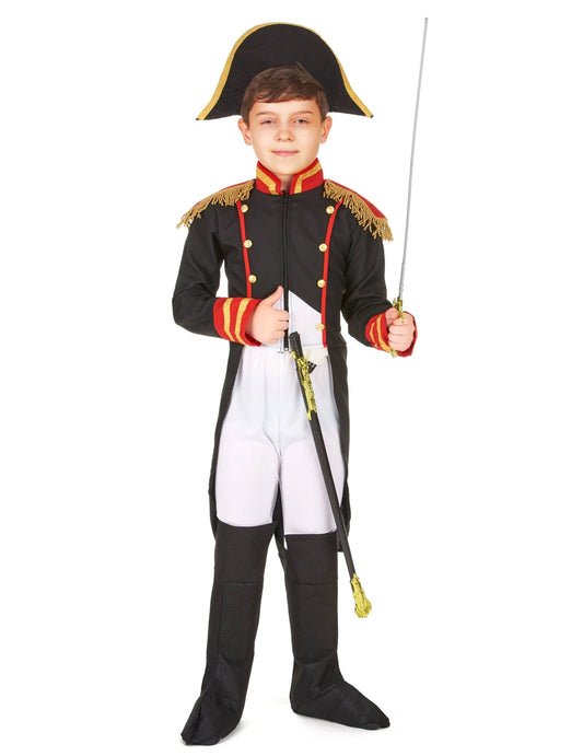 Déguisement de Napoléon pour garçon noir, blanc et rouge avec chapeau bicorne