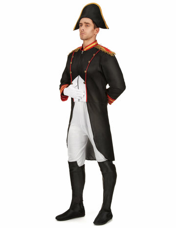 Déguisement Napoléon pour homme noir et blanc avec bicorne et détails dorés