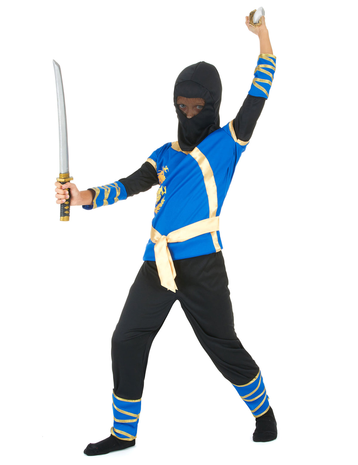 Pose de combat avec sabre du déguisement de ninja pour garçon