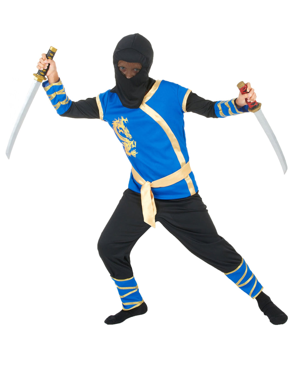 Déguisement de ninja pour garçon bleu et or avec dragon doré et cagoule noire