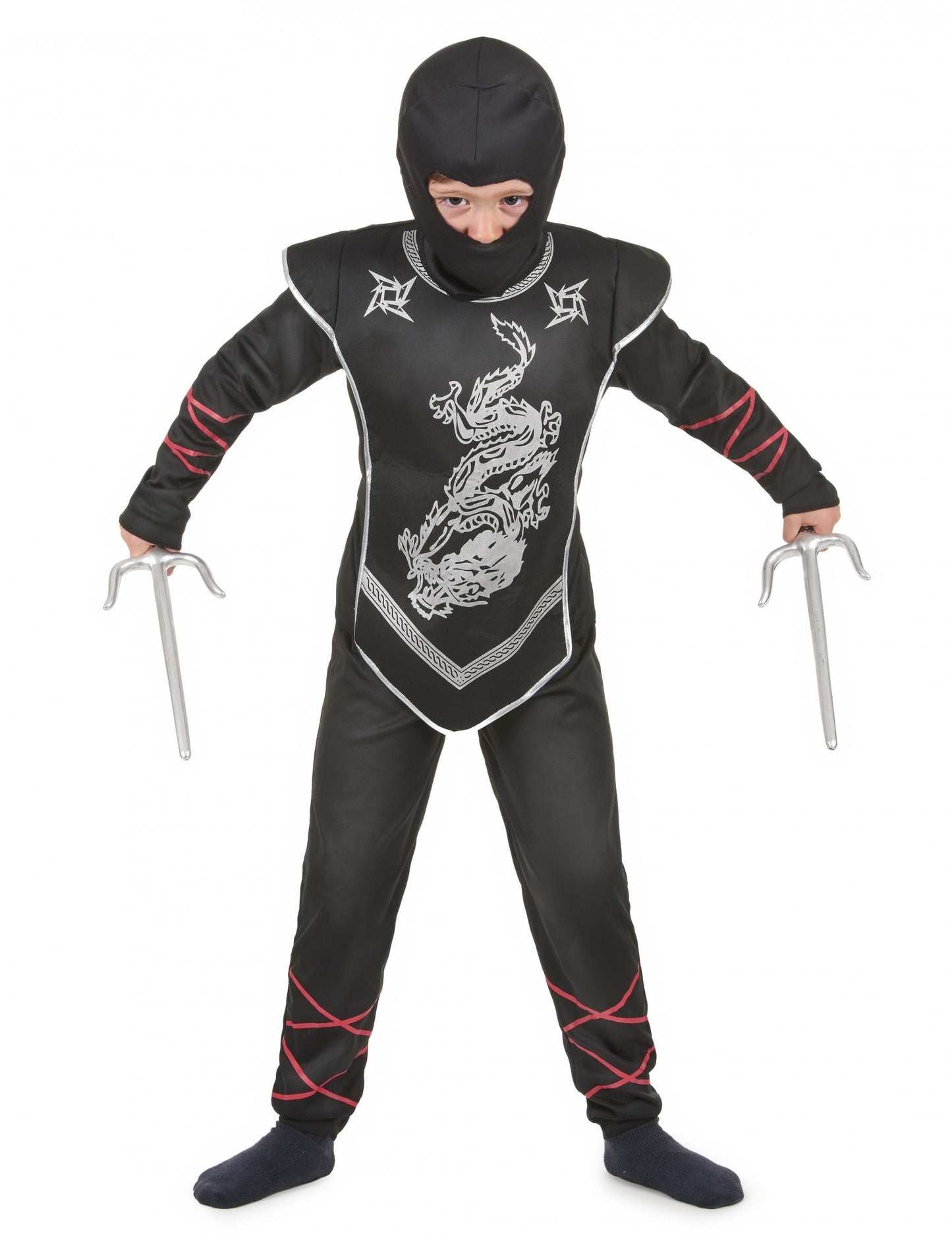 Déguisement ninja dragon argenté pour garçon noir et argent avec rubans rouges