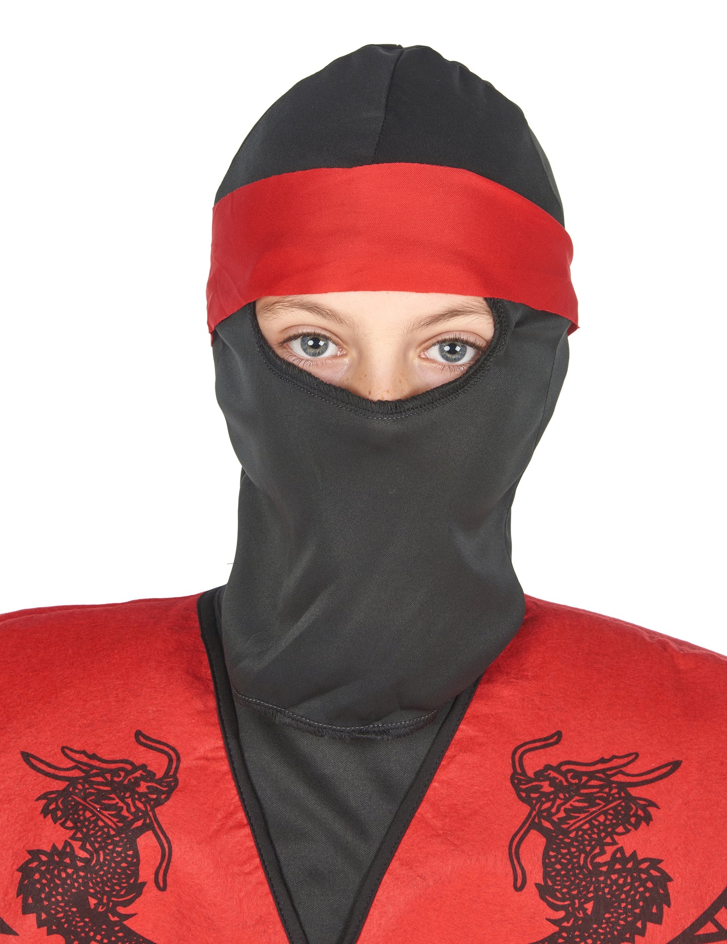 Gros plan sur la cagoule du déguisement de ninja dragon pour garçon