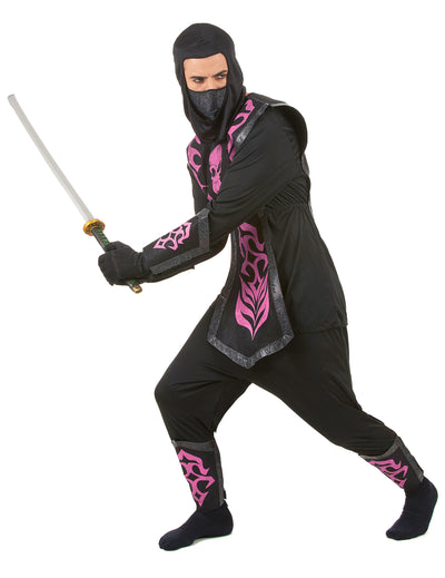 Déguisement ninja effet feutrine pour homme noir avec motifs roses et crâne