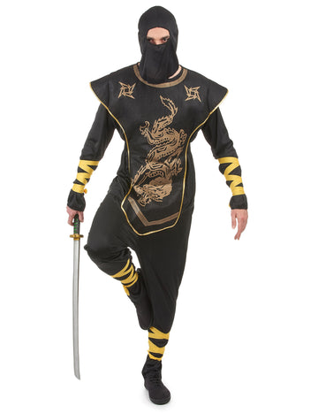 Déguisement ninja dragons dorés pour homme noir et or