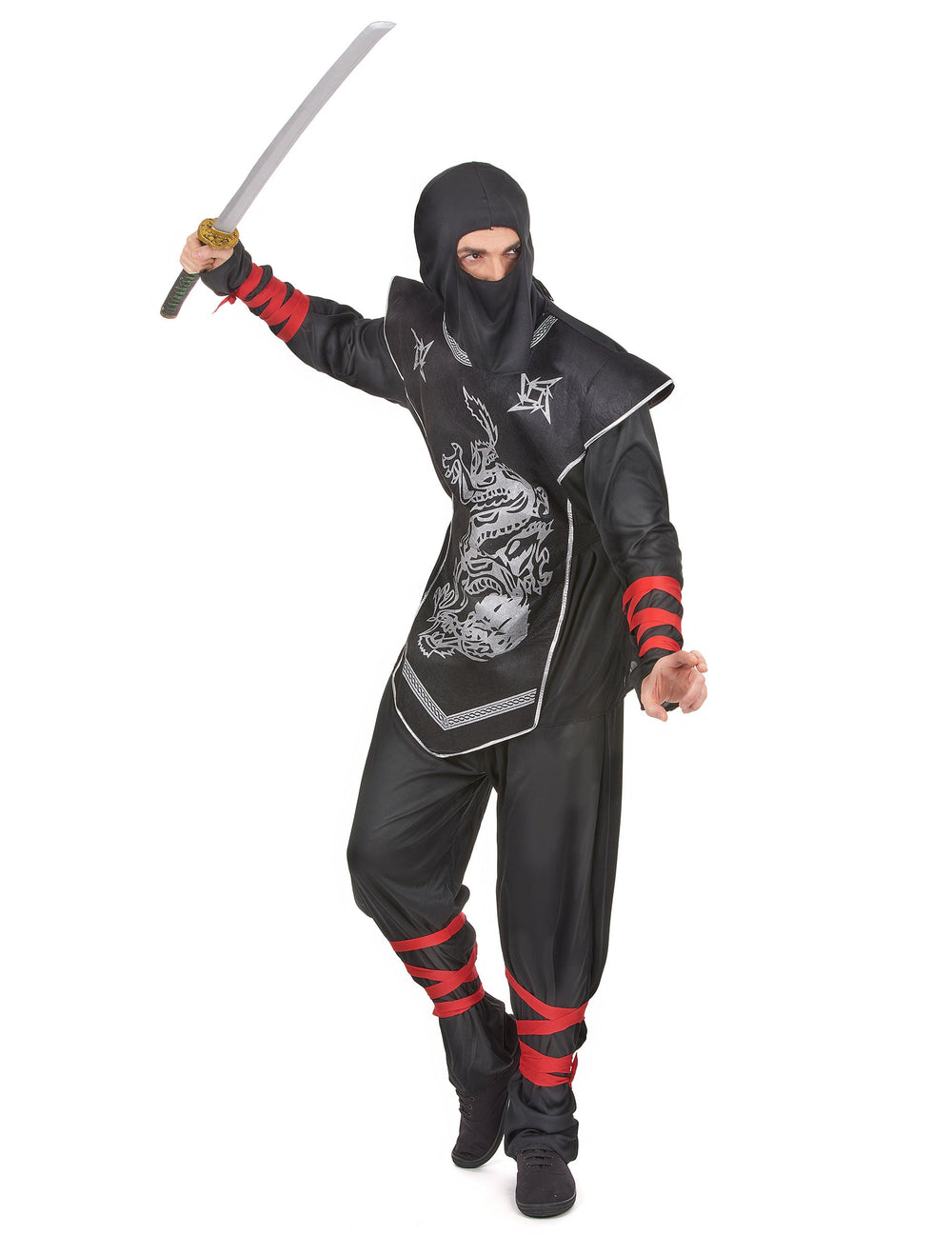 Déguisement ninja dragon argentés pour homme noir avec rubans rouges et imprimé dragon