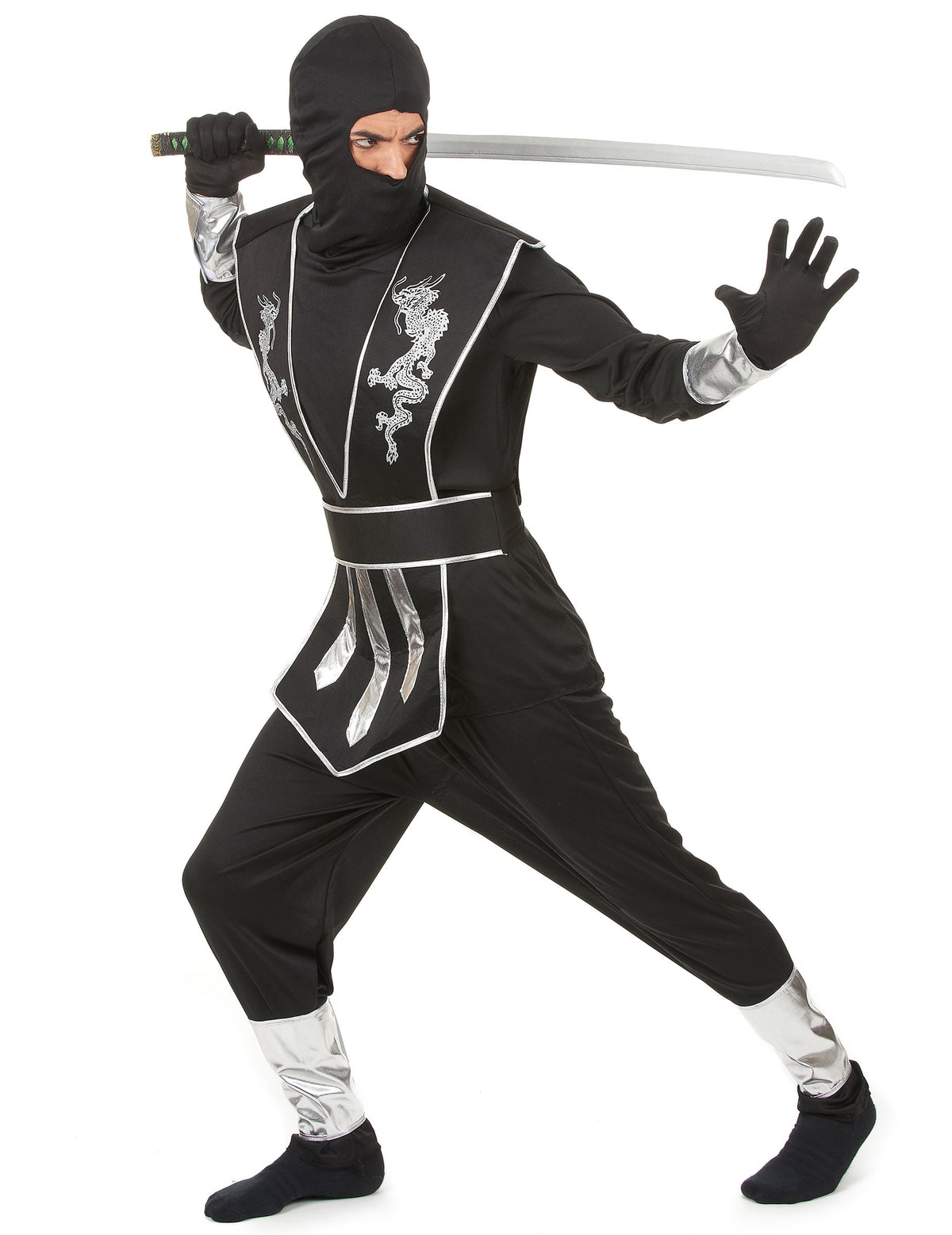 Vue de profil du déguisement de ninja pour homme noir et argenté